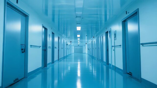 Long hospital corridor presenting a clinical, sterile, and symmetrical environment with a vanishing point perspective, highlighting modern medical infrastructure and healthcare facility design