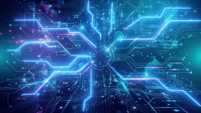 Futuristic blue digital circuit network background with glowing technology data connections loop