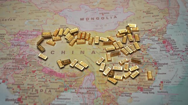 Gold bars on China map wealth and economy concept.