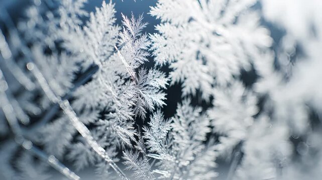 Close up of delicate frost patterns on a branch in winter.