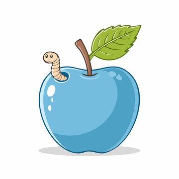 Cartoon Blue Apple with a Worm