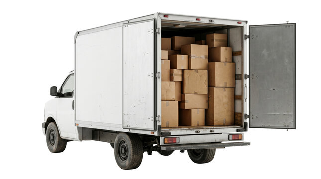 White delivery truck with open rear doors loaded with cardboard boxes isolated on transparent.