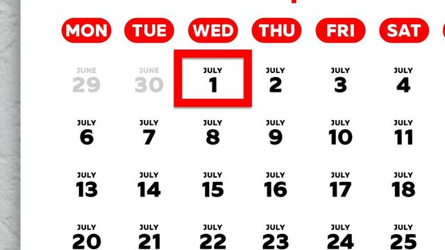 Red cursor highlighting July 1st on a 2026 wall calendar page