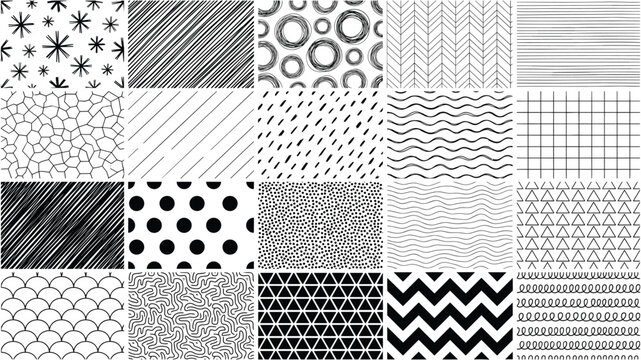 Seamless pattern vector set black white snowflake chevron polka dot wave triangle scale circle stripe geometric repeat background textile design template
