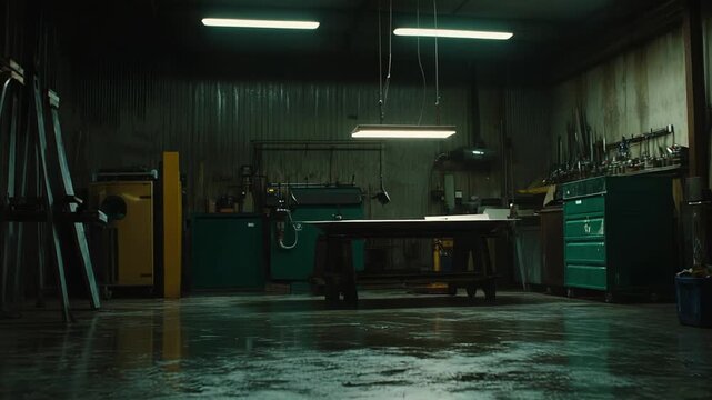 Empty industrial workshop revealing a workbench, tool cabinet, and machinery under fluorescent lights, creating an atmosphere of industry and craftsmanship for manufacturing concepts