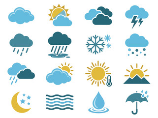 Obraz premium Flat Weather Icons Set – Simple Climate and Forecast Symbols Collection with Sun, Clouds, Rain and Snow