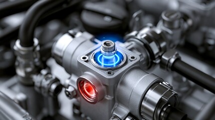 Fototapeta premium Medium shot of a smart valve with embedded temperature sensor monitoring heat levels in a highperformance gasoline engine highlighting advanced automotive technology.