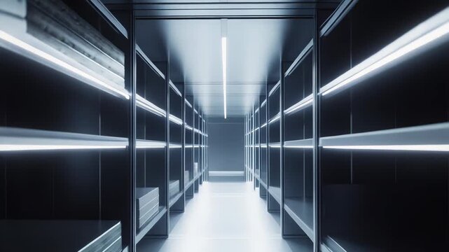 Long, narrow data archive room with rows of metal shelves illuminated by bright white fluorescent lights, creating a futuristic and organized storage facility