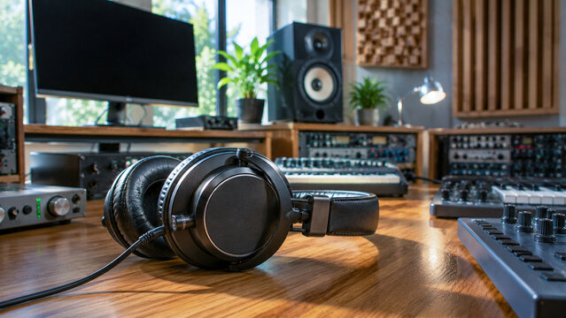 Professional studio headphones on wooden desk with monitor speakers and audio mixing gear in background