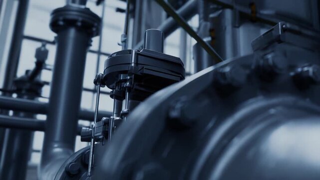 Industrial steel piping system presenting connections, valves, and intricate machinery in a modern factory setting, emphasizing precision engineering and manufacturing infrastructure
