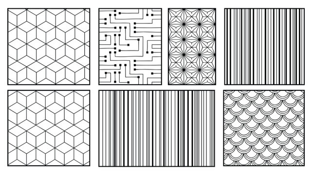 Seamless pattern vector set black white isometric cube circuit board stripe scale Japanese geometric repeat background textile wallpaper design template
