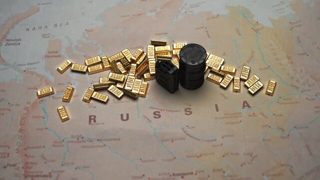 Fuel canister and oil barrel with gold bars on Russia map wealth concept.