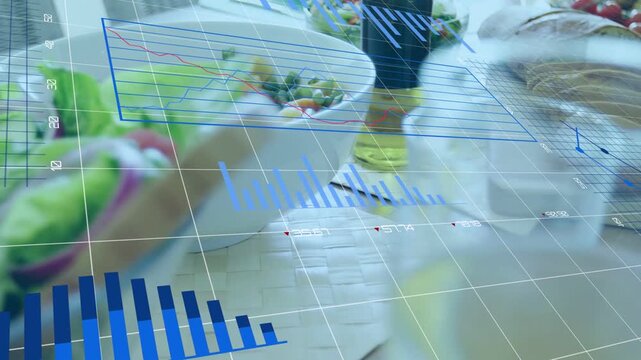 Data overlay activating, 3D charts gliding across tabletop, revealing salad metrics for designers