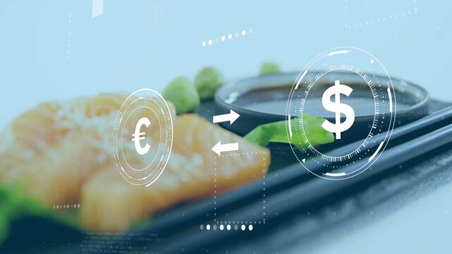 HUD activating salmon nigiri sliding forward as currency icons moving and showing price conversion