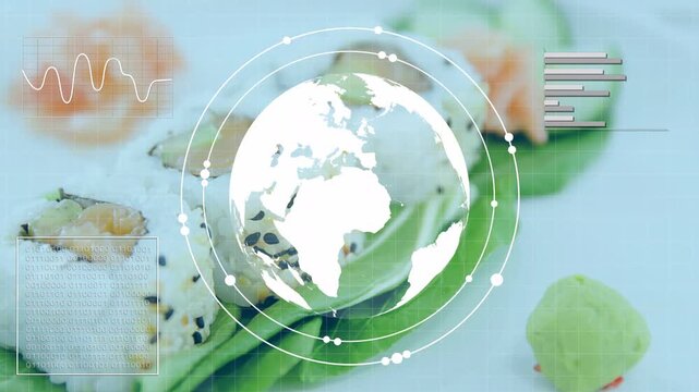Globe fading in, growing and rotating while HUD charts appearing, visualizing data over sushi plate