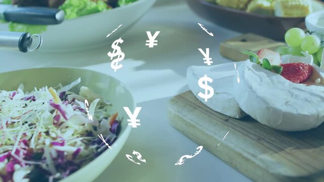Rotating currency glyphs over food, panning left, zooming, centering salad bowl, visualizing cost