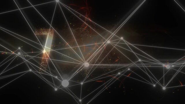 Node-and-line network pulsing as golden numerals emerging from particle bursts, counting down