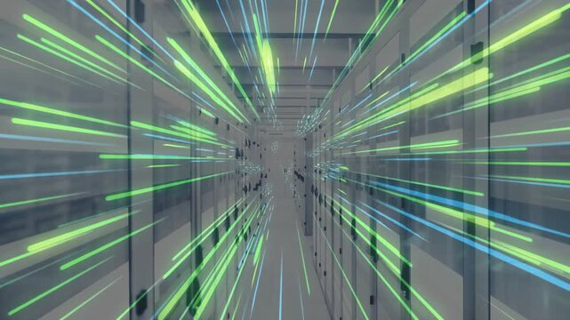 Server aisle framing glass racks, neon streaks appearing at vanishing point, visualizing data flow