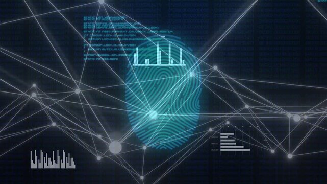 Fingerprint initiating scan, pulsing nodes and sliding widgets while visualizing biometric analysis