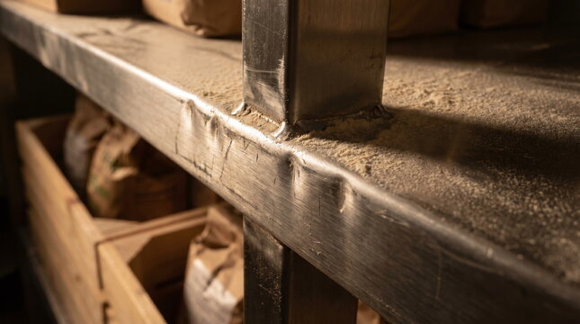 Close-up of a scratched and dented stainless steel shelving joint covered in fine flour dust in a warm lit commercial bakery storage area