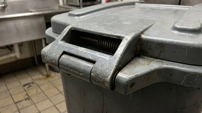 Grimy close-up of a heavily used grey plastic industrial wheeled trash bin with scuffs and a spring-loaded lid hinge in a commercial kitchen setting