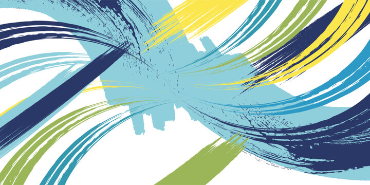Dynamic abstract background filled with energetic, sharp brushstrokes in blue, green, yellow, and white, creating an explosive and vibrant artistic effect.