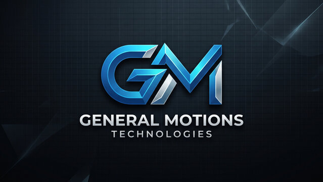 Glossy metallic 3D lettermark logo design featuring bold blue and silver typography for a modern technology and motion company on a dark textured background