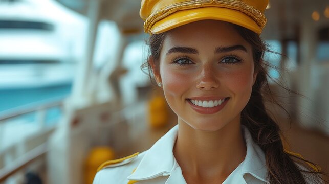 Smiling woman in captain's hat on cruise ship deck with blurred background