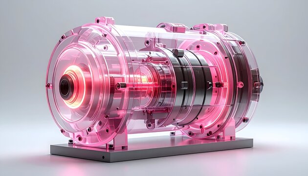 Rendered transparent electromechanical device model, illuminated with glowing red accents