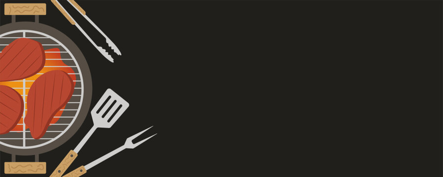 A minimalist horizontal banner showing juicy beef steaks cooking on a round charcoal grill with flames visible underneath. Professional metal cooking tools lie nearby on a sleek dark background with