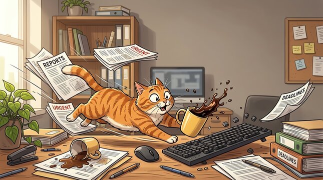 Energetic orange tabby cat causing chaos by knocking over a coffee mug on a cluttered office desk in this photograph