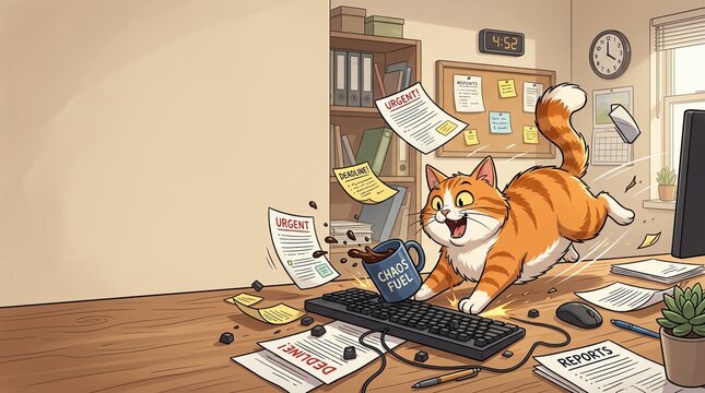 Energetic orange tabby cat causing chaos by knocking over a coffee mug on a messy office desk in this image