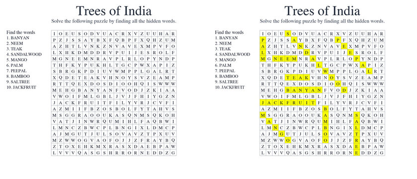 Trees of India Word seek puzzle sheet
