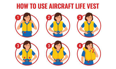 Fototapeta premium Aircraft Life Vest Safety Instruction Infographic for Passenger