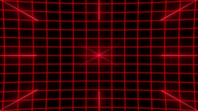 Red neon glowing grid and cross lines on black background, futuristic digital loop