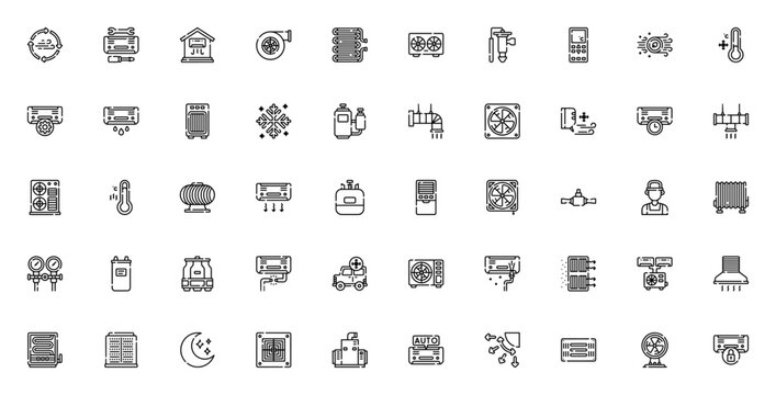 Air conditioner icon set. Minimal line icons. Vector. HVAC set. Includes ventilation, fan, compressor, evaporator, condenser, air filter, remote, night mode and more. Editable stroke.