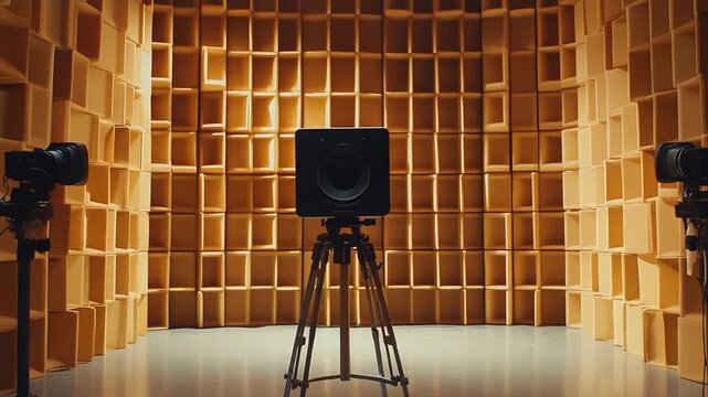 Audio speaker and cameras on tripods standing within an anechoic chamber with intricate acoustic foam panels for precise sound measurement and experimentation