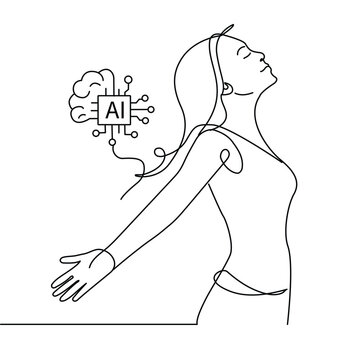 Woman with AI Brain Chip line art vector illustration in white background 