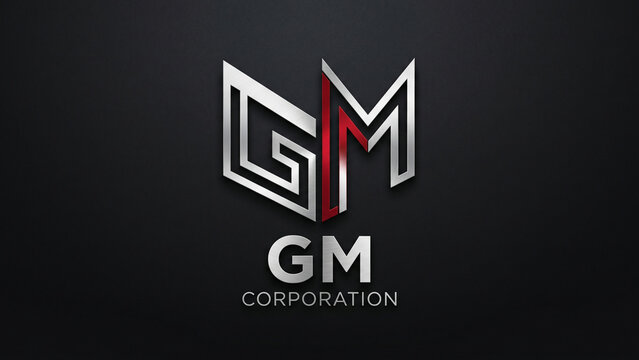 Metallic silver and red letters G and M monogram logo design for corporate branding identity