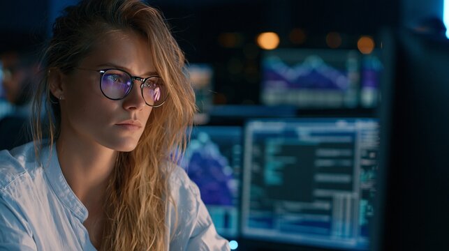 Close medium shot of a female professional analyzing fraud detection alerts on a multiscreen setup surrounded by a shadowy trading environment illuminated by subtle blue LEDs