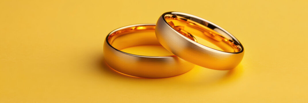A pair of gold wedding rings levitate elegantly against a lemon-yellow backdrop. Their matte and polished surfaces reflect the bright lighting, creating a luxurious and modern aesthetic.