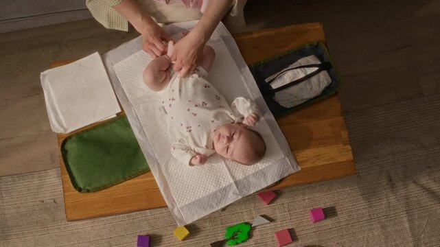 High angle cropped shot of hands of unrecognizable mother unbuttoning baby bodysuit and preparing to change diaper on infant Caucasian girl lying on table on disposable pad in nursery room