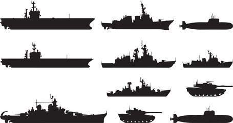Military Warship and Submarine Silhouette Vector Set with Naval Fleet Defense Transportation Icons Collection © MdHaberar