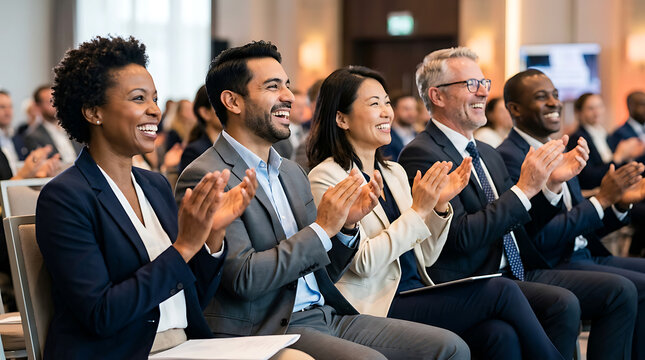 Diverse group of professionals clapping in appreciation during a conference event