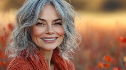 Fototapeta premium Smiling woman with gray hair in a field of flowers at sunset