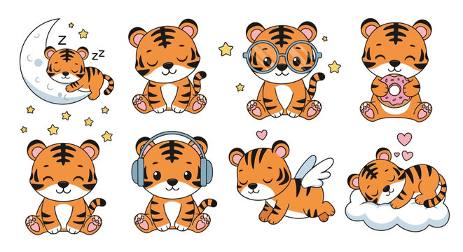 Cute Baby Tiger Sticker Set, Adorable Cartoon Characters Collection