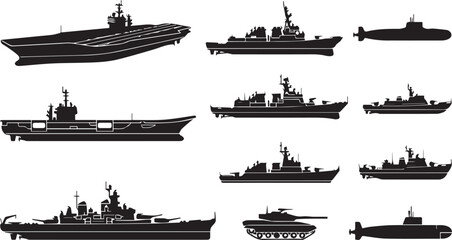 Military Naval Warship and Submarine Silhouette Vector Collection with Maritime Defense Vessel Icon Set © MdHaberar
