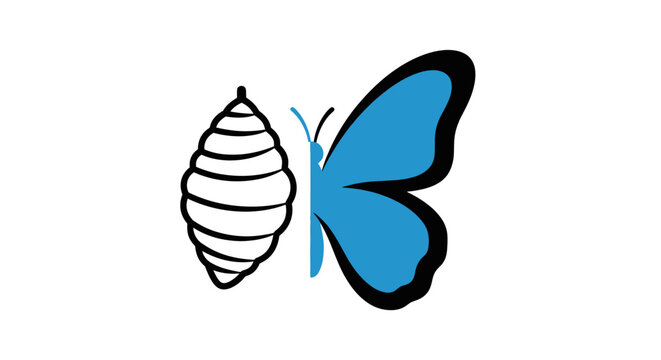 A graphic illustration showing a chrysalis transforming into a blue butterfly