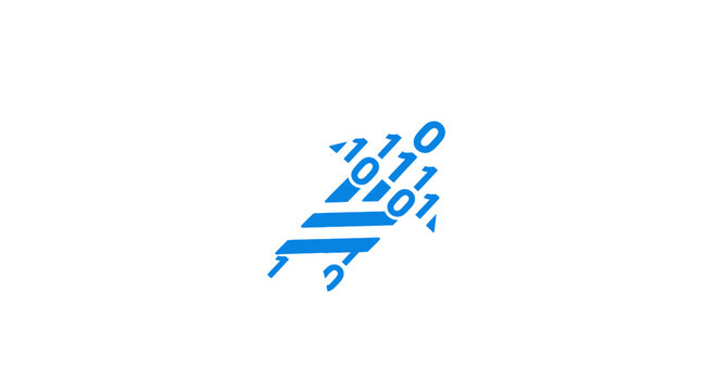 A blue digital rocket icon made of binary code numbers on a white background