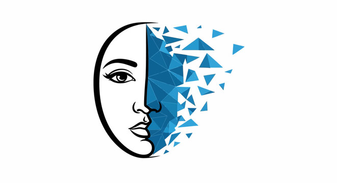 A stylized human face profile dissolving into blue geometric triangles on white background